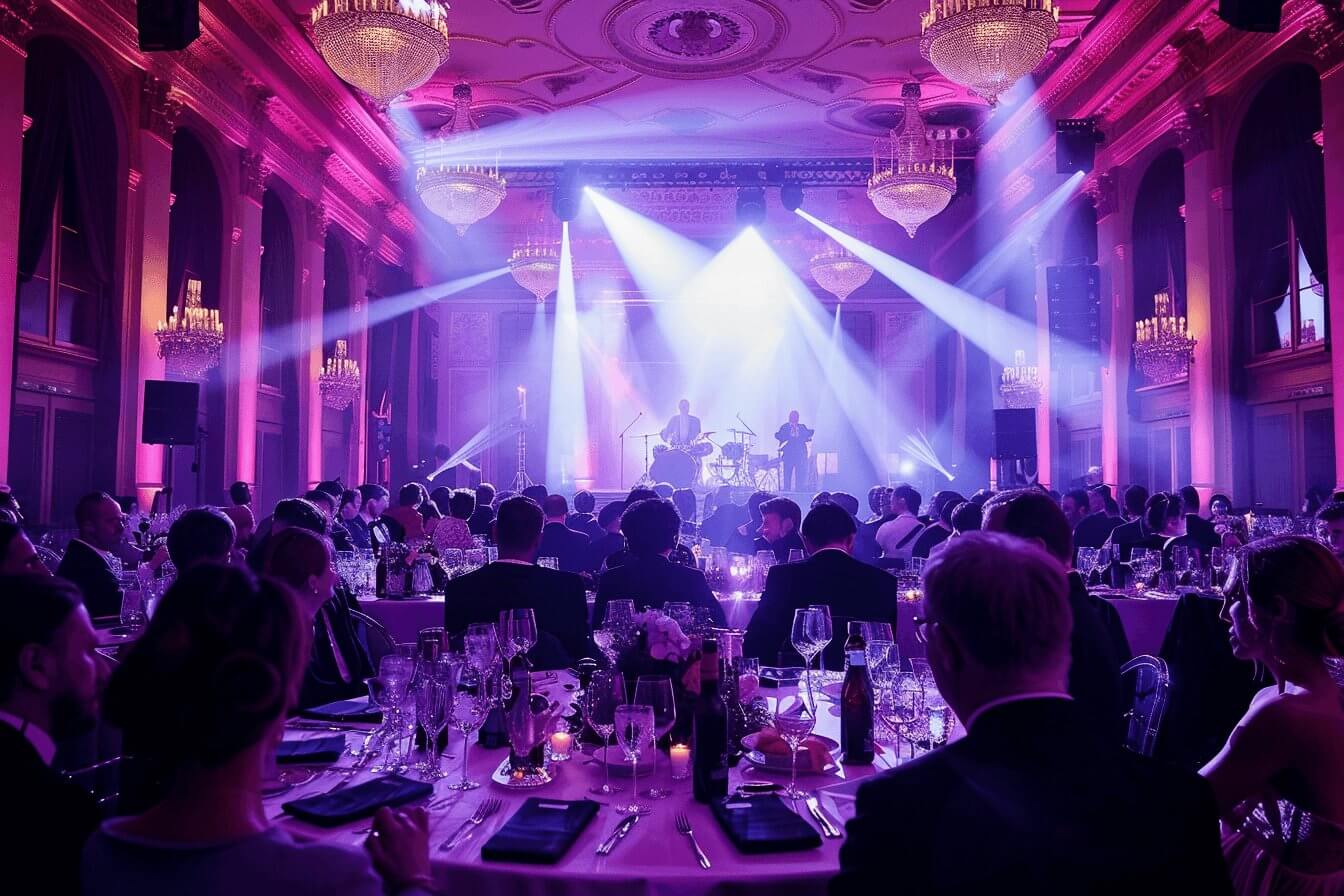 Elegant galamiddag i en historisk bankettsal med scenbelysning, kristallkronor och liveband på scenen.