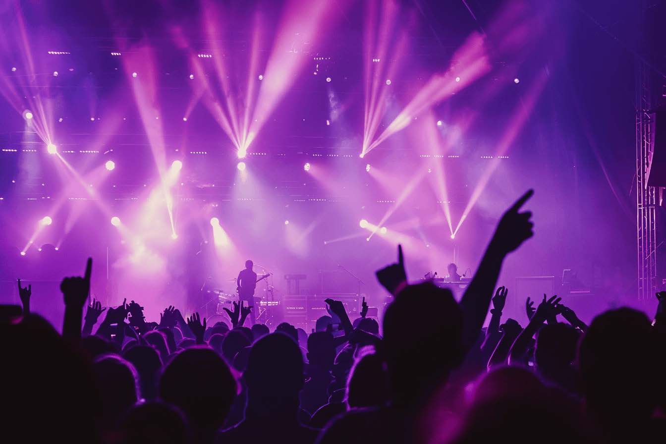 Stor publik framför en scen under en livekonsert, upplyst av intensiva lila ljusstrålar och scenteknik.