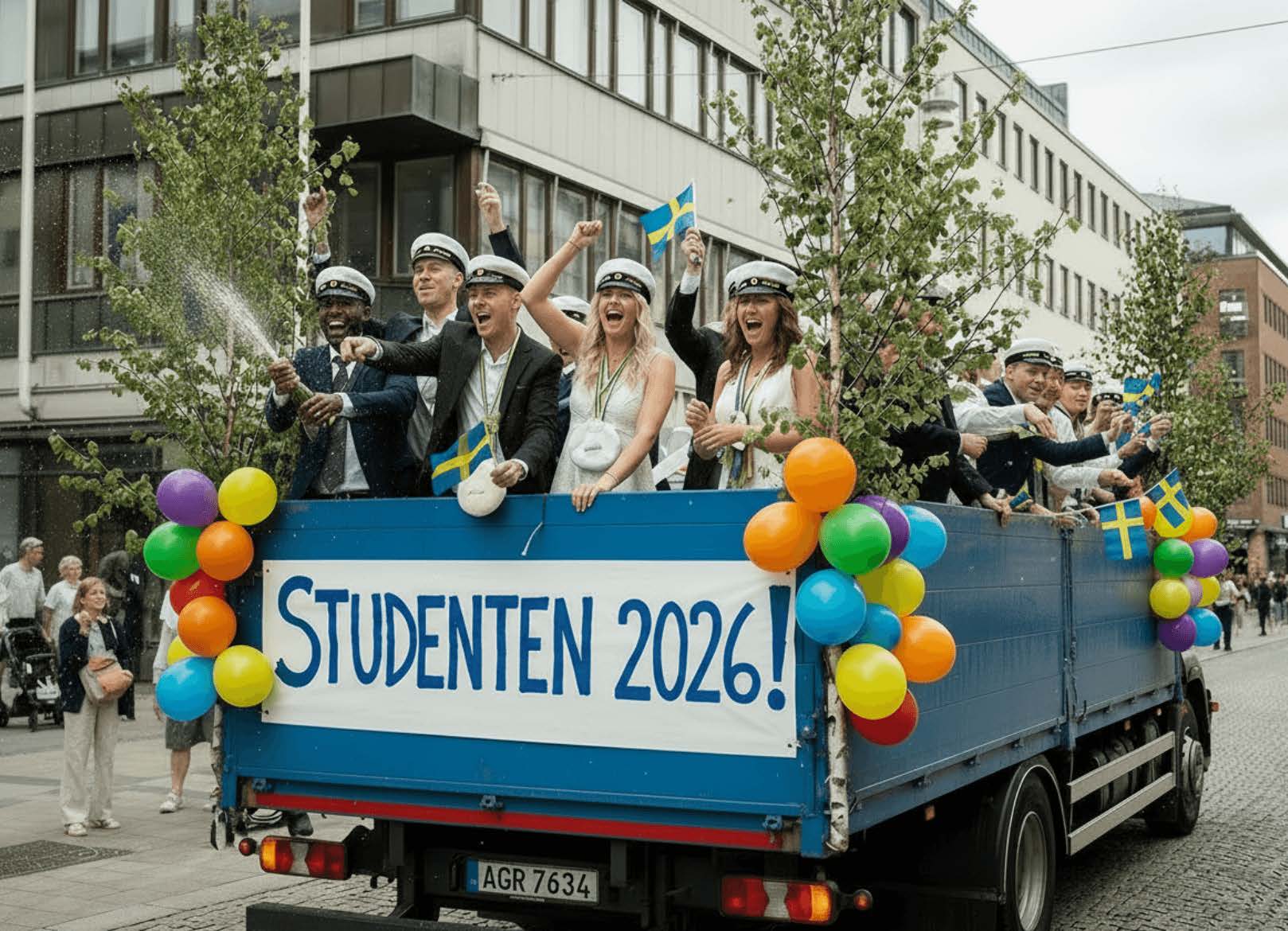 Glada studenter firar på ett dekorerat studentflak med svenska flaggor och ballonger i samband med studentutspringet 2026.