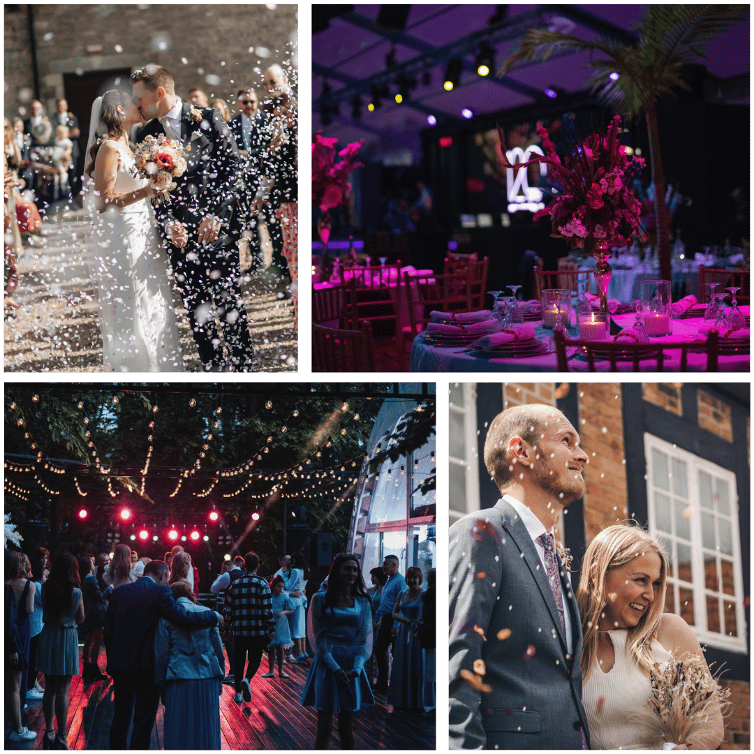Collage med fyra bilder som visar ett brudpar som kramas, gäster som skålar under ljusslingor och en finstämd dukning i en festlokal.