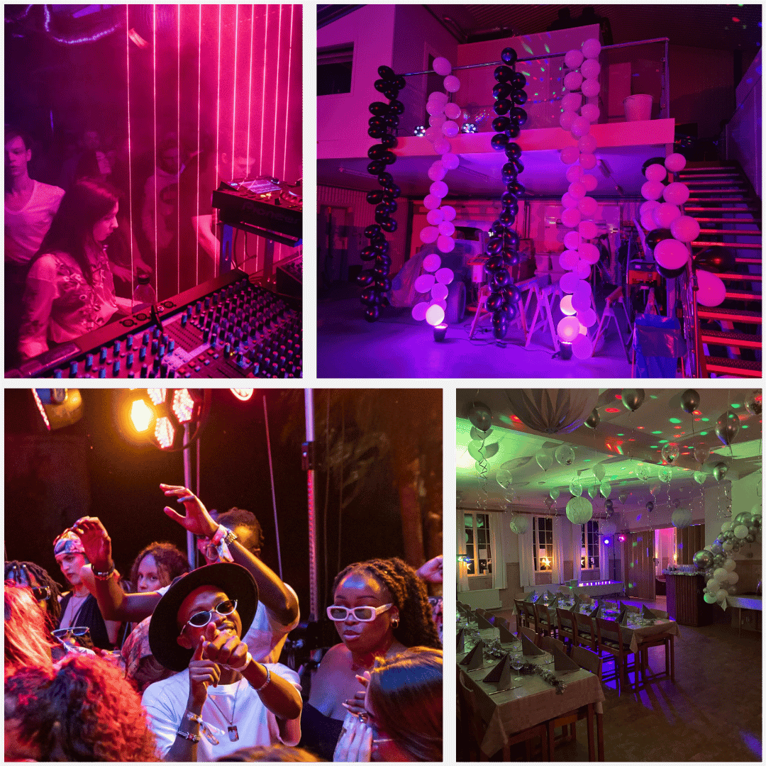 Collage med fyra bilder som visar glada människor som dansar på ett klubbgolv upplyst av rosa och gröna laserstrålar och lampor.
