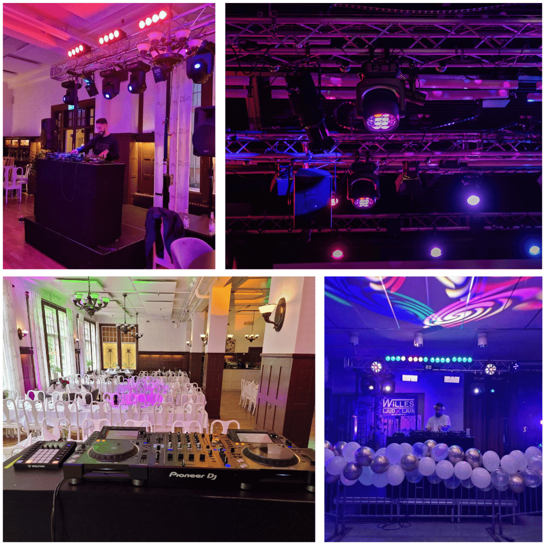 Collage med fyra bilder som visar en DJ-spelare, professionell ljusrigg i taket och en festlokal dekorerad med ballonger.