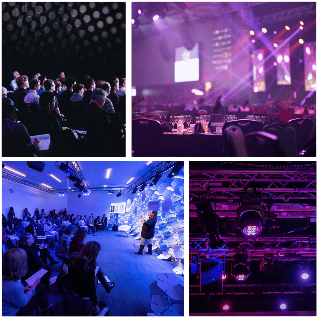 Collage med fyra bilder som visar en publik under en föreläsning, en talare på en scen i en konferenslokal samt scenteknik.