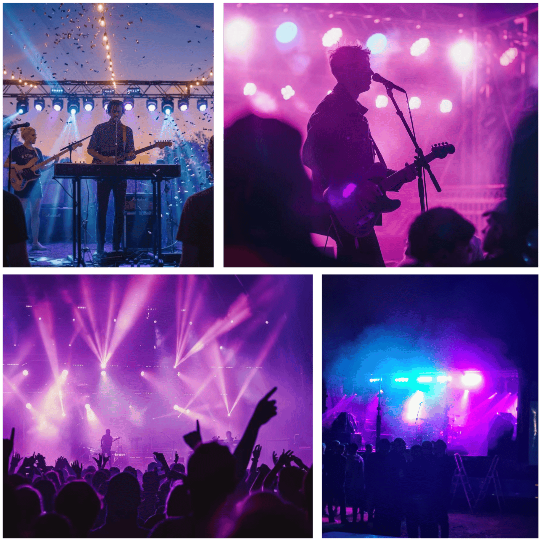 Collage med fyra bilder som visar musiker på en scen med färgstarkt konsertljus och en publik med uppsträckta händer under en livekonsert.